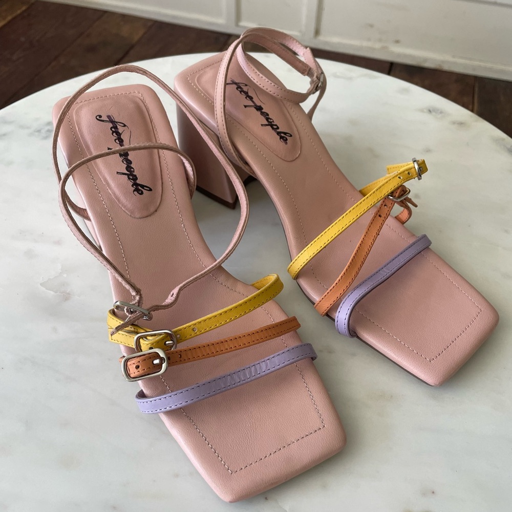 Free People Multicolor Strappy Block Heel Sandals - Pink, Yellow, Lavender - Picture 12 of 14